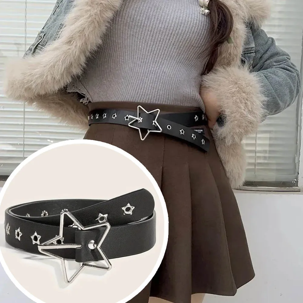 Women Vintage Jeans Pants Decorative Belts Fashion Casual Goth Punk Pu Leather Waistband Y2K Star Buckle Single Row Rivet Belt