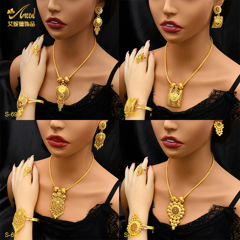 

ANIID African Jewelry Set For Women 24k Gold Color Big Geometric Pendant Necklaces Earrings Dubai Wedding Jewelry Sets Wholesale