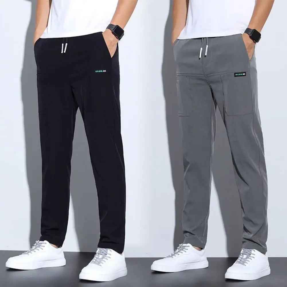 2024 Men's Summer Casual Lace Up Pocket Solid Color Pants Gym Sweatpants Running Mens Fashion Sports Trousers