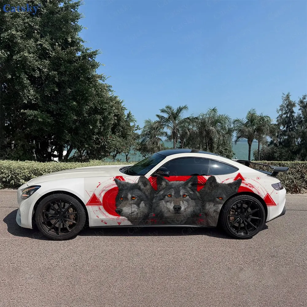 2pcs Three Lone Wolf Car Side Wraps, Self-Adhesive PVC Waterproof & Scratch-Resistant Stickers, Car Accessory Gift