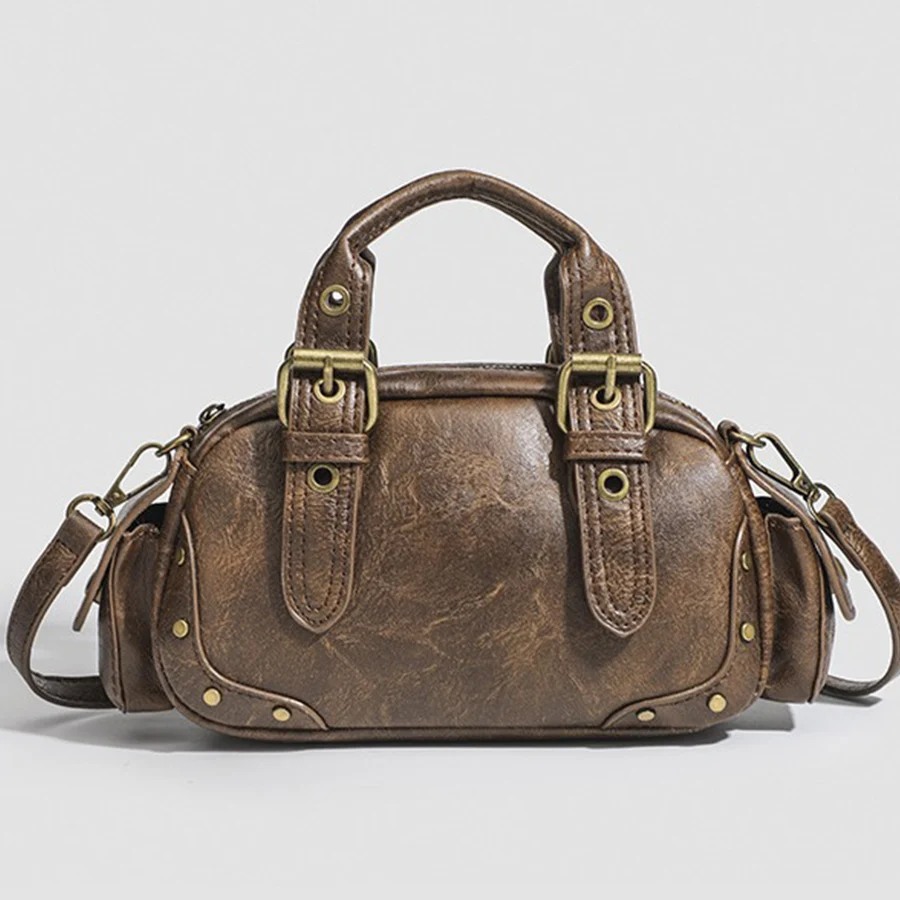 

New women's bag fashion niche oil wax leather bowling bag multi-pocket armpit bag commuting handbag boston single shoulder bags
