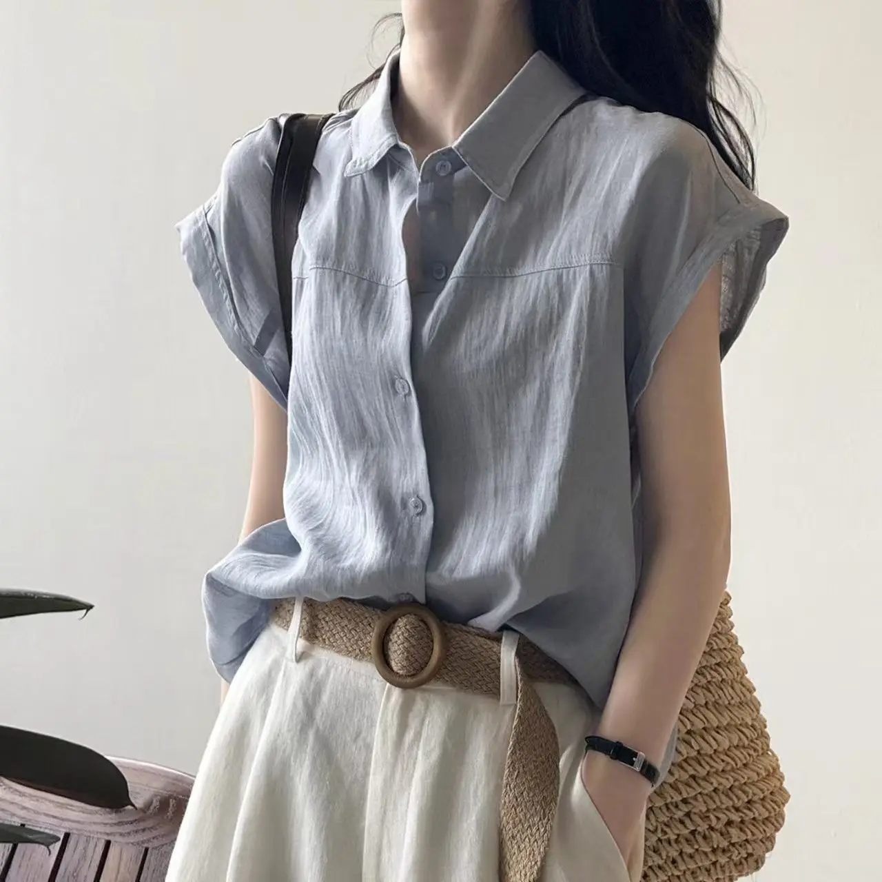 

Summer Office Lady Simplicity Elegant Trend Buttons Single Breasted Solid Color Short Sleeve Dignified Intellectual Generous