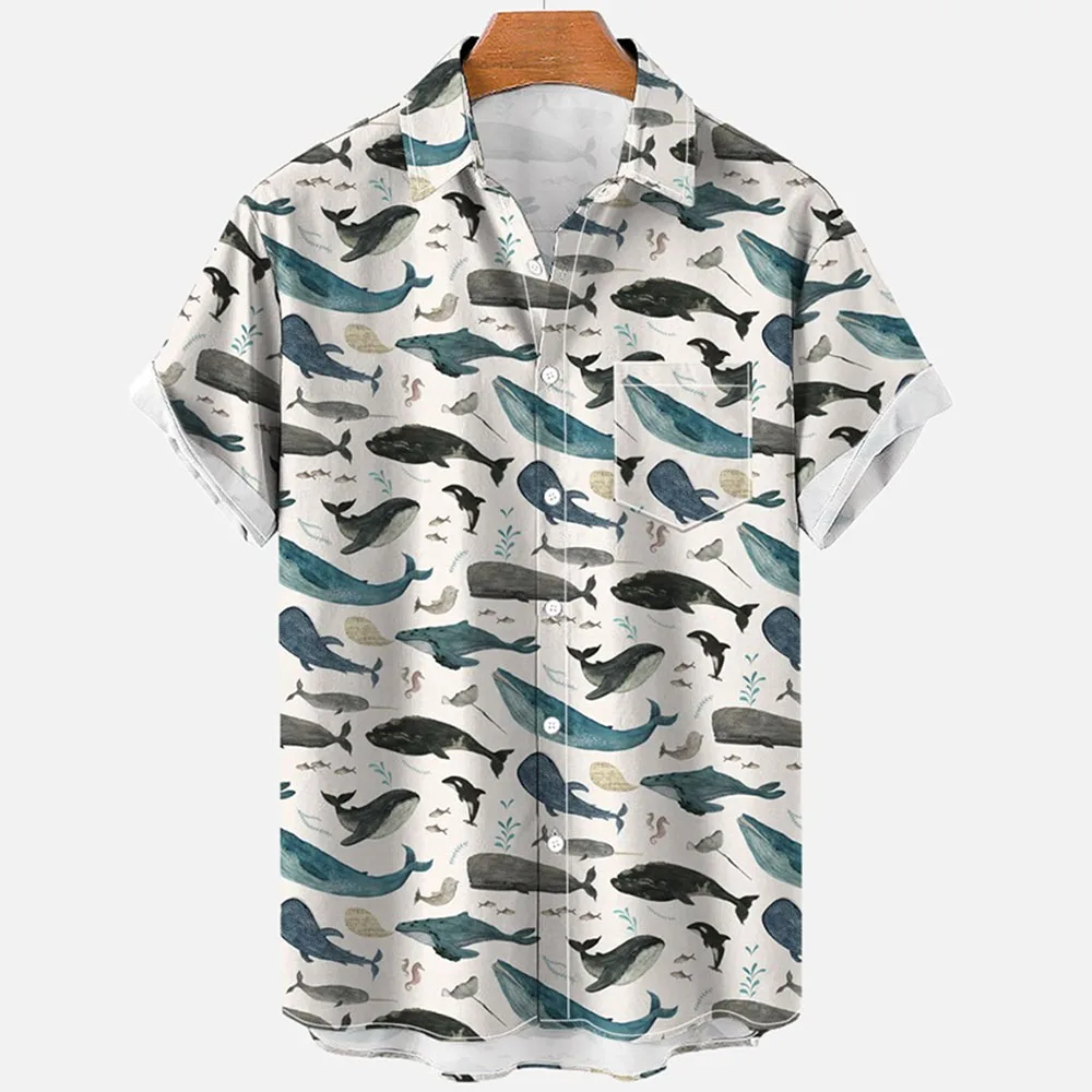 

Men's short sleeve Hawaiian shirt, loose shirt with lapel, fish print, seahorse, 3d marine animal, casual, summer, 5XL