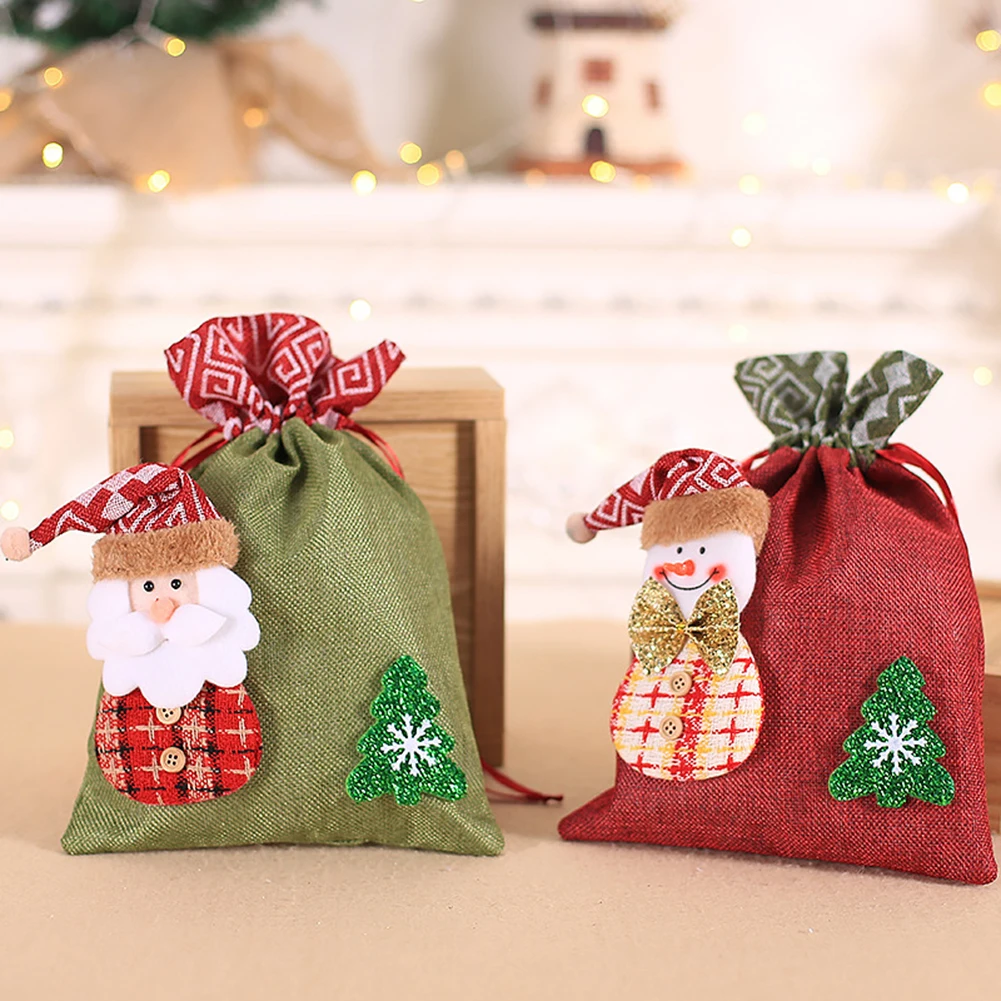 New Year 2024 Large Christmas Stocking Candy Bags Santa Sacks Linen Christmas Gifts Bag Drawstring Pocket Santa Claus Tote Bag ﻿