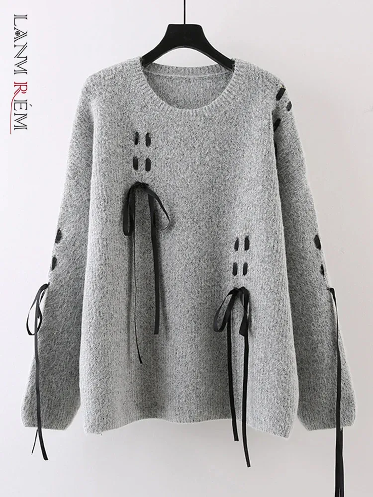 

LANMREM Fashion Knitted Bandage Design Sweater Women Round Neck Irregular Loose Pullover Tops Casual 2024 Autumn New 17G7959