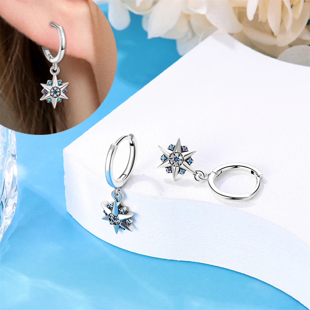 Blue CZ Starburst Hoop Earrings Original Silver Plated Woman' Earring Valentine Anniversary Earrings Jewelry Fine Gift Accessory