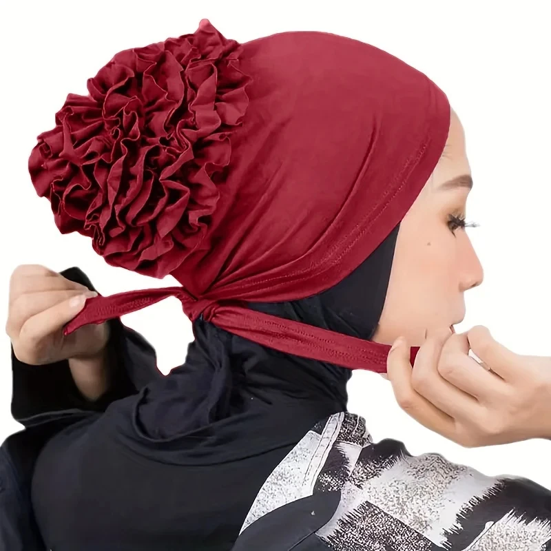 Fashionable Women\'s Solid Chiffon Hijab Turban Flower Decor Ramadan Head Wrap Head Scarf Cap For Daily Life Multicolor Available