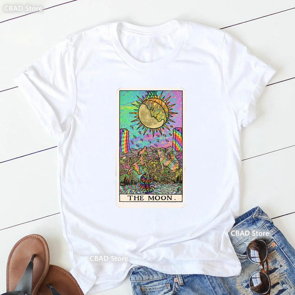 Psychadelic Tarot- The Moon Print Tshirt Women'S Clothing Funny White T Shirt Femme Harajuku Shirt Summer Fashion T-Shirt Female