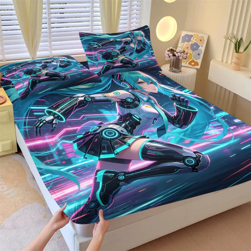 初音ミク-サイバーパンク-メカニカル-フィットシーツセット-アニメ-スピードラン-ベッドカバー-枕カバー付き-ディープポケット-ファンルームデコレーション-ギフト