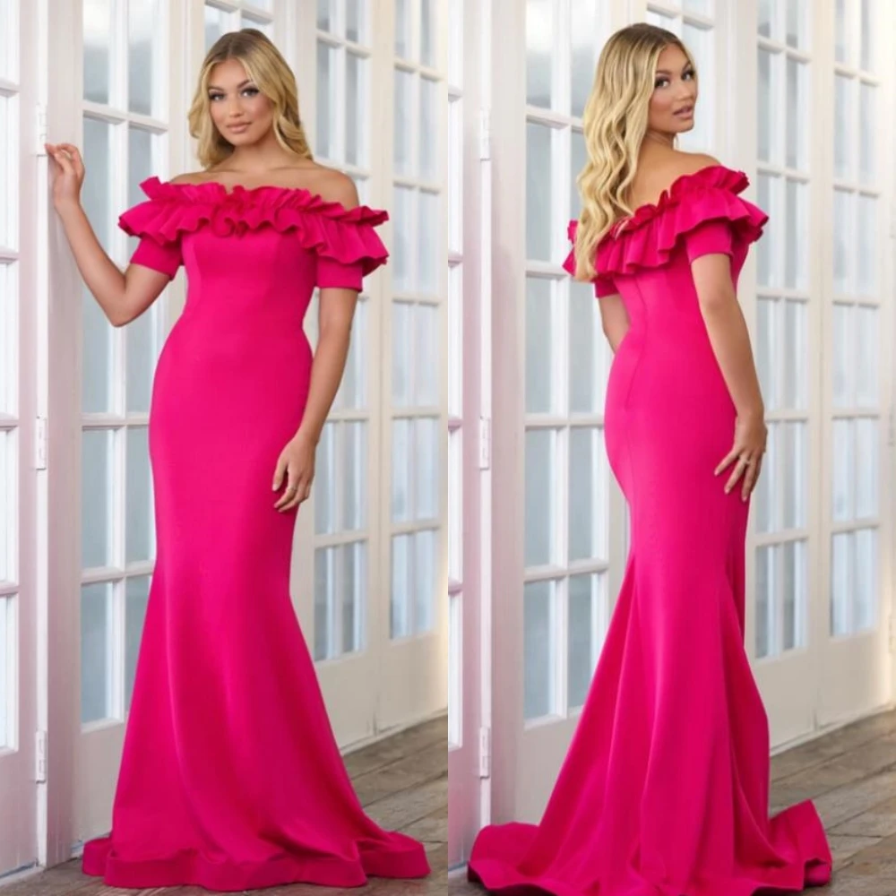 Simple Classic Formal Evening Off the Shoulder Trumpet / Mermaid Ruched Pleat Floor-Length Satin Evening Dresses