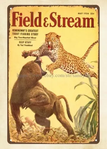 wall decal 1954 Field Stream magazine cover Baboon Leopard fight metal tin sign