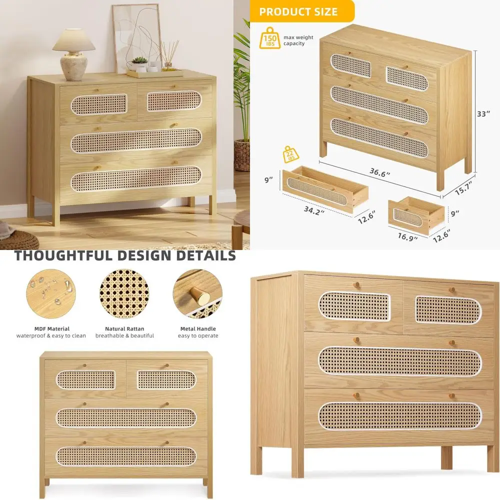 

Rattan Buffet Sideboard Cabinet with 4 Drawers, Black Rattan Dressers, Wooden Storage Cabinets for Home