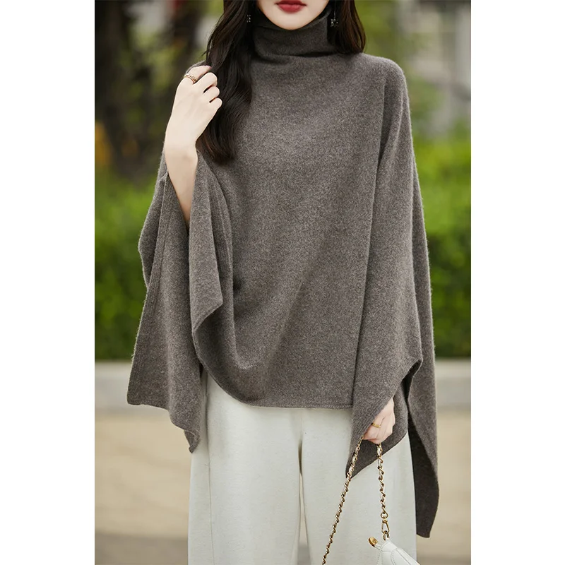 Women\'s Autumn Winter French Fashion Warm Knitted Pullover Sweater High Neck Sleeveless Solid Color Loose Wool Shawl