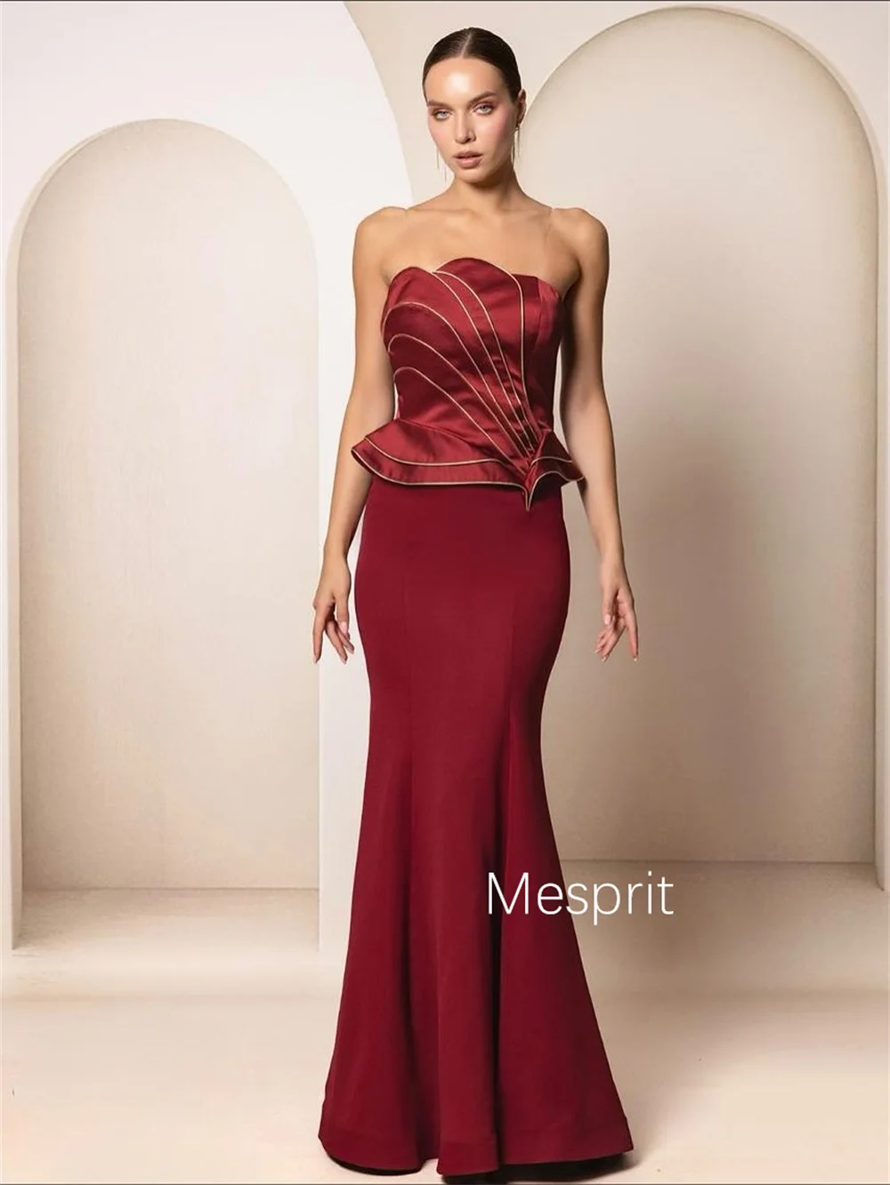 Customized Elegant Charmeuse Pleat Pattern Trumpet Strapless Long Dresses Bespoke Occasion Evening Chinese Style