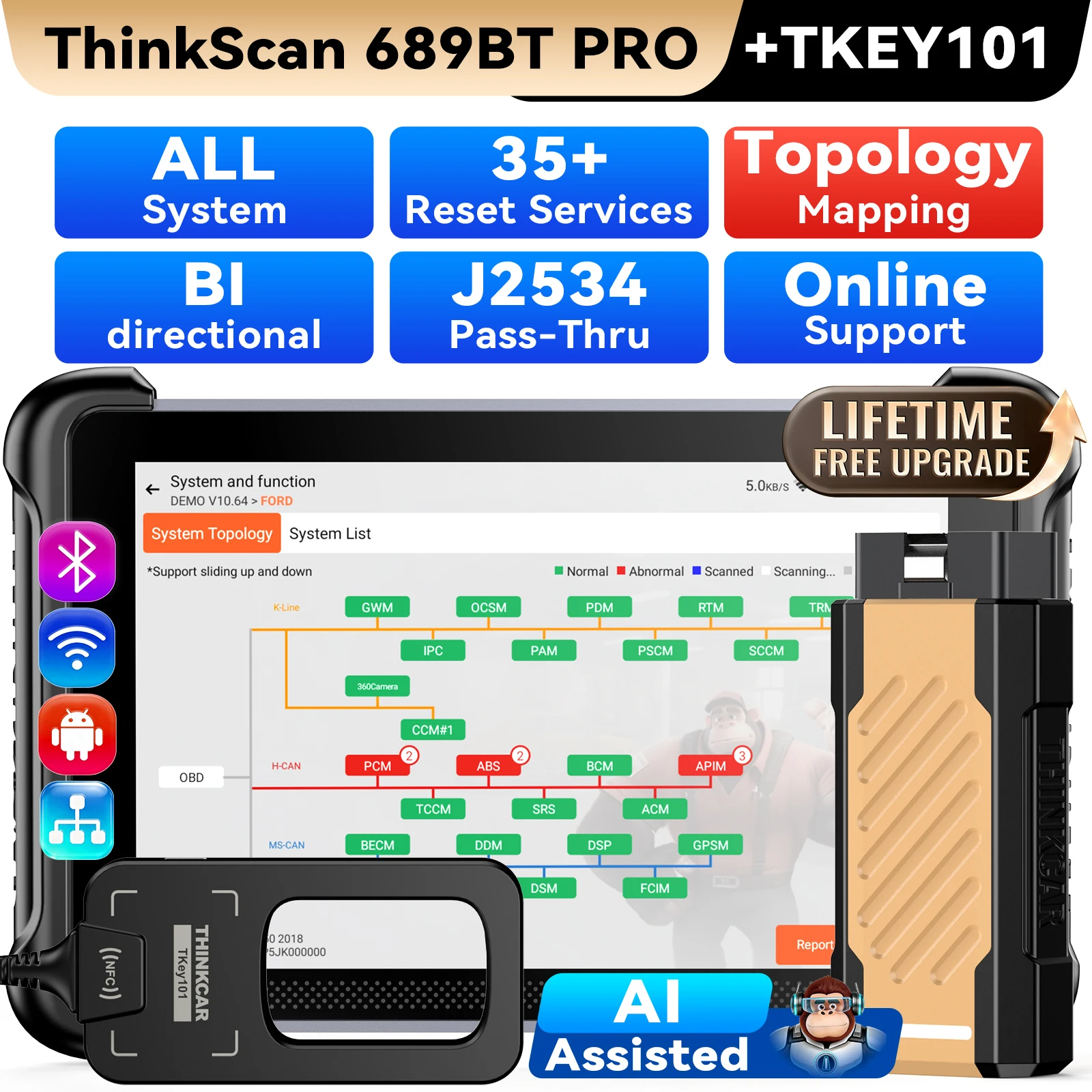 THINKCAR THINKSCAN 689BT Pro OBD2-scanner, IMMO-sleutelprogrammeerapparaat, ECU-codering, topologiemap, J2534, CANFD, DOIP, levenslange gratis updates.