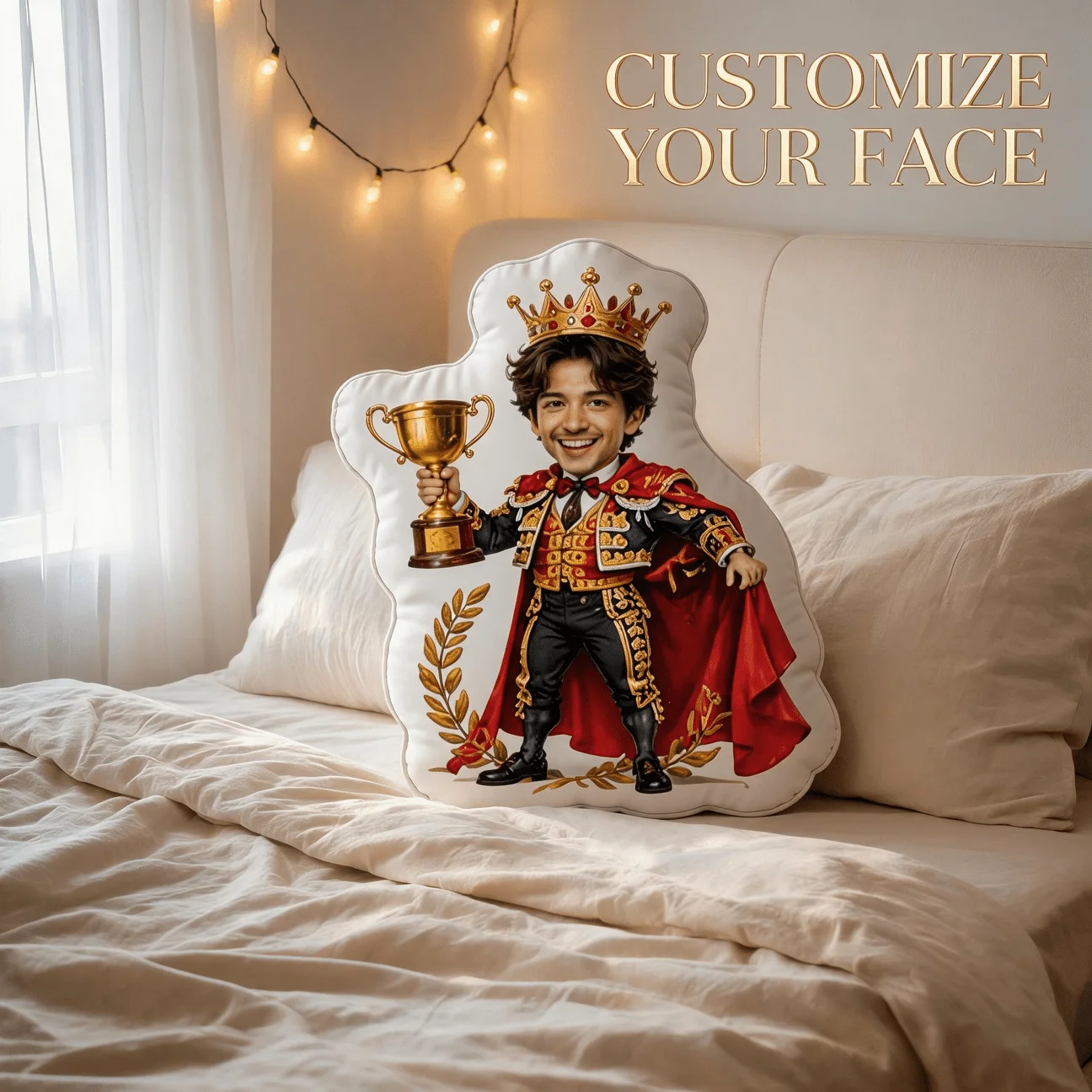 Custom Photo King Costume Shaped Pillow, Personalized Picture Holding Trophy Decorative Cushion, Unique Home Decor Accent for So