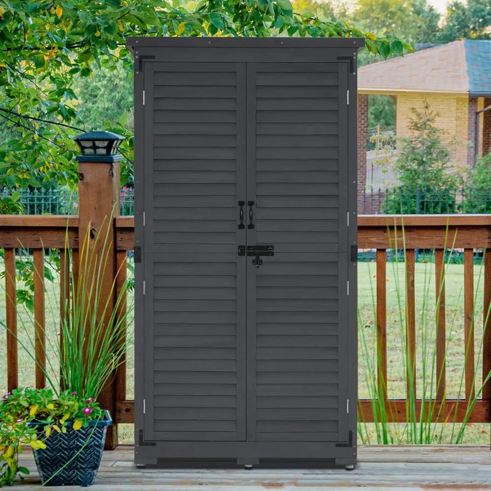 Outdoor Storage Cabinet, Garden Storage Shed, Outside Vertical Shed with Lockers, OutdoorWood Tall Shed for Yard and Patio