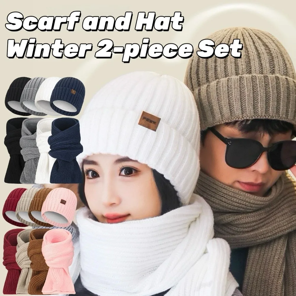 2Pcs Set Trendy Windproof Knitted Hat Scarf Thicken Soft Men's Hat Simple Plush Warm Scarf Outdoor