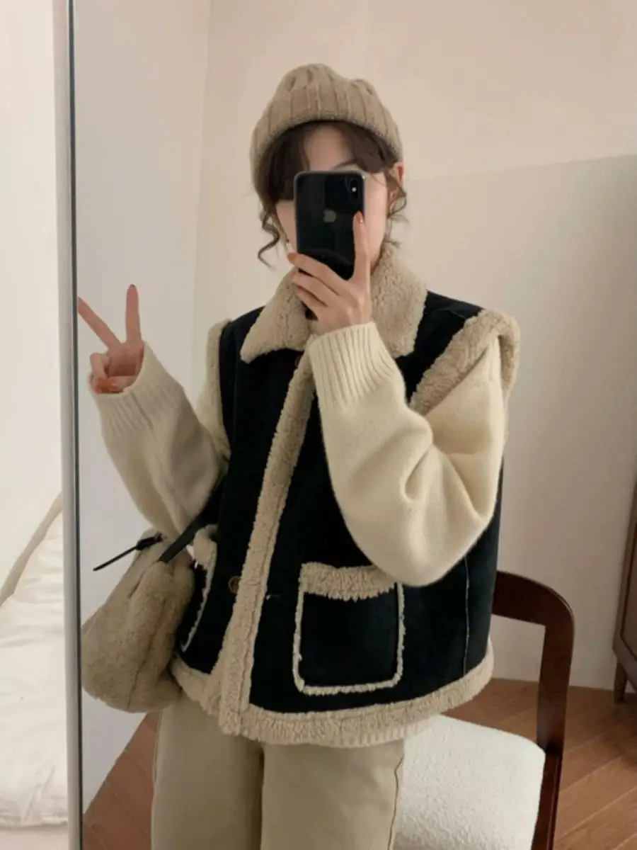 Black Suede Lamb Fur Vest Women's Casual Short Jacket Autumn Wear Thickened  Collar Single Button Closure Pure Color