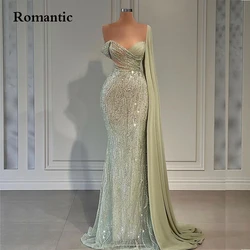 Romantic Sparkly Sequins Tulle Evening Dress V-Neck One Shoulder Sleeve Party Dresses 2022 Luxury Mermaid Sexy Vestidos De Noche