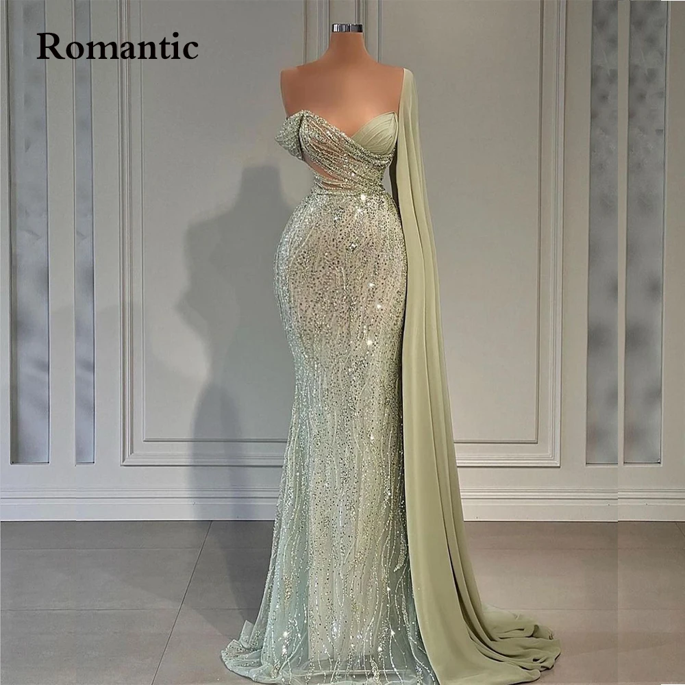 Romantic Sparkly Sequins Tulle Evening Dress V-Neck One Shoulder Sleeve Party Dresses 2022 Luxury Mermaid Sexy Vestidos De Noche