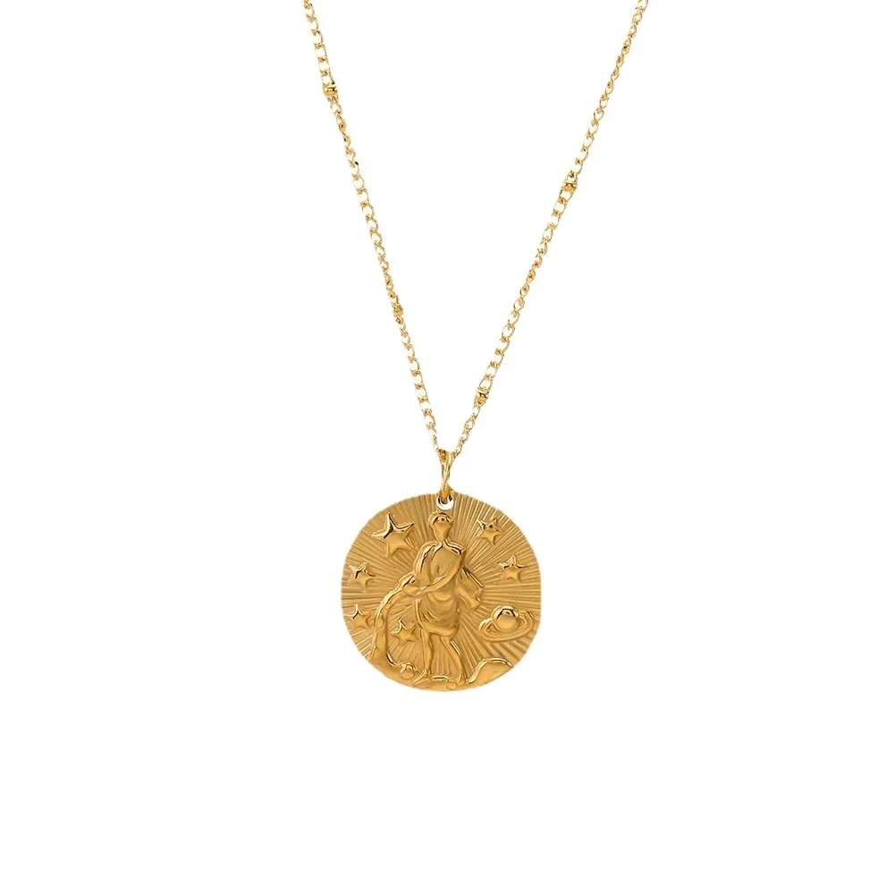 Fashion Zodiac Signs Stainless Steel Pendant Necklace for Men Women Luxury Twelve Constellations Embossed Clavicle Chain Jewelry