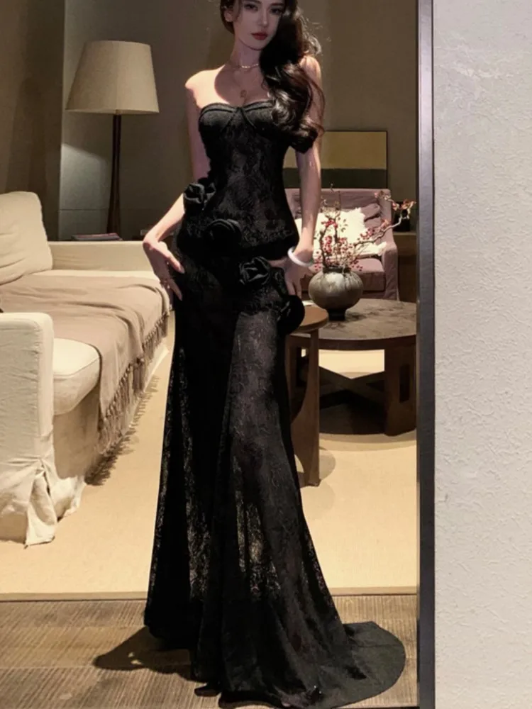 

Sexy Slim See-through Strapless Lace Dresses 2025 Summer Three Dimensional Flowers Trailing Long Dress Backless Evening Vestido