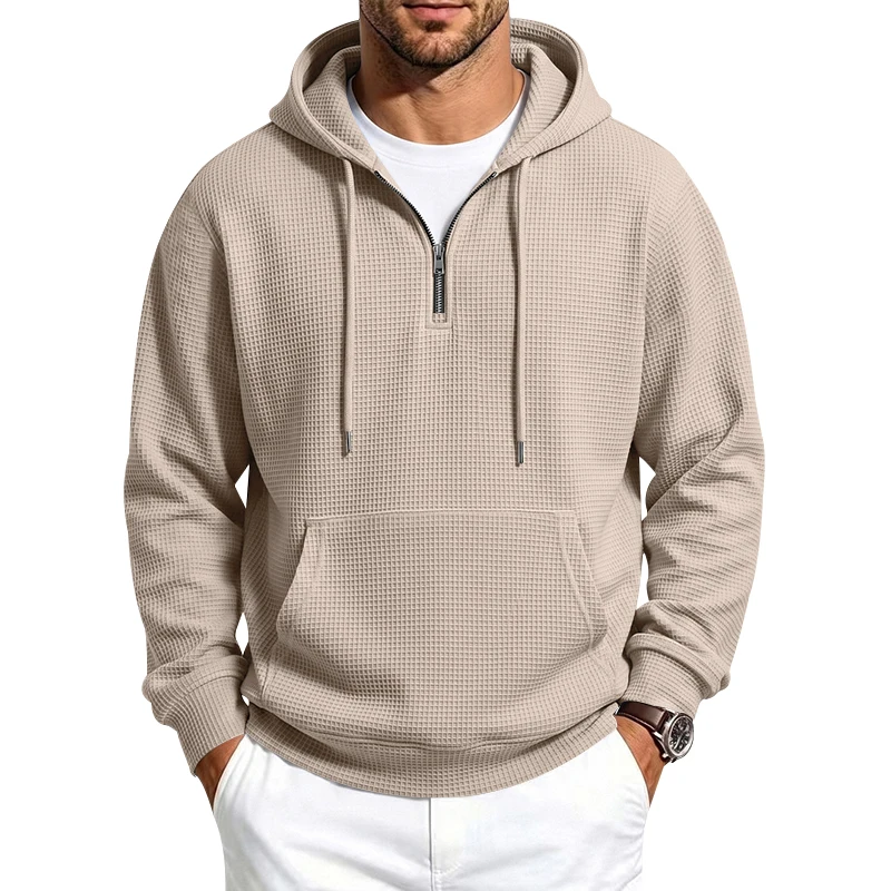 Herren Frühling und Herbst Einteiliger Waffel-Strick 1/4 Reißverschluss Lässiger Loser Kapuzenpullover, Geeignet für den Täglichen Gebrauch – Detail 8