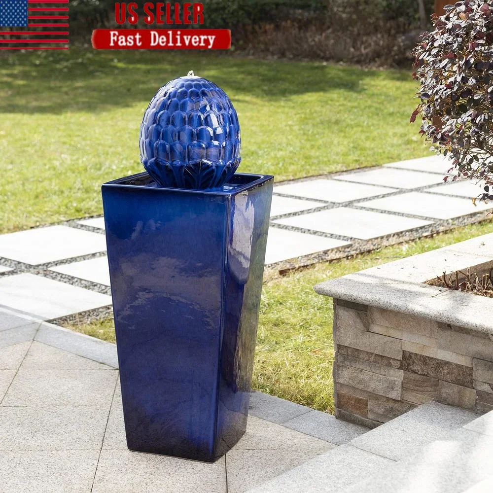 Ceramic Outdoor Water Fountain with LED Light Artichoke Pedestal Design Submersible Pump Patio Garden Fountain Relaxing Sounds