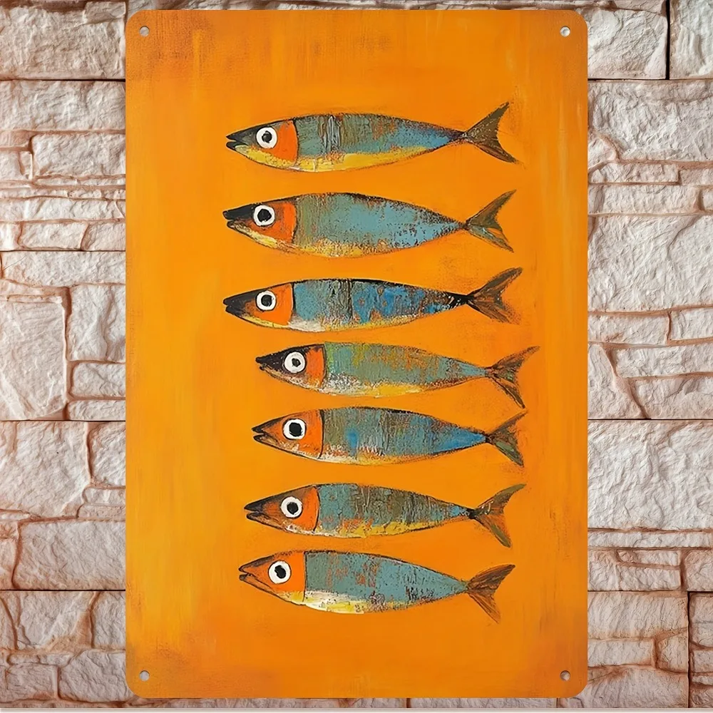 Arte de Pared Metálico Retro con Diseño de Lata de Sardinas - Letrero Náutico de Mariscos para Cocina o Taberna, Decoración con Temática Marina en Azul Turquesa