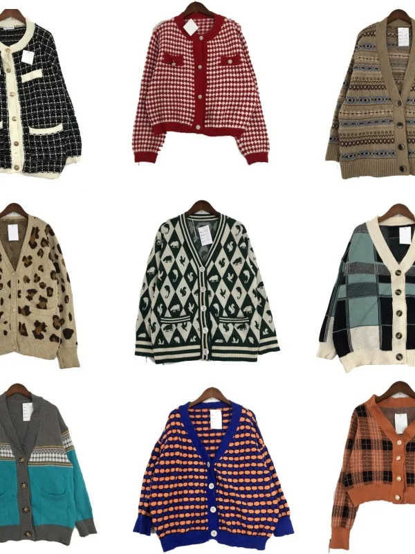 

Vintage Small Knitted Cardigan Outerwear ex Woolen Winter Sweater Versatile Commute Sle Print Splicing Long Sve V-Ne