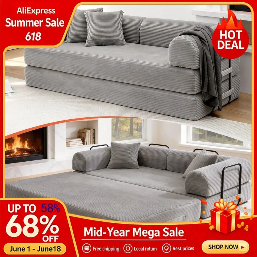 

79 Corduroy Sofa Bed,Boneless Couch in a Box with 2 Pillows,HighDensity Foam 4in1 Foldable Sleeper Futon Loveseat for Small Sofa