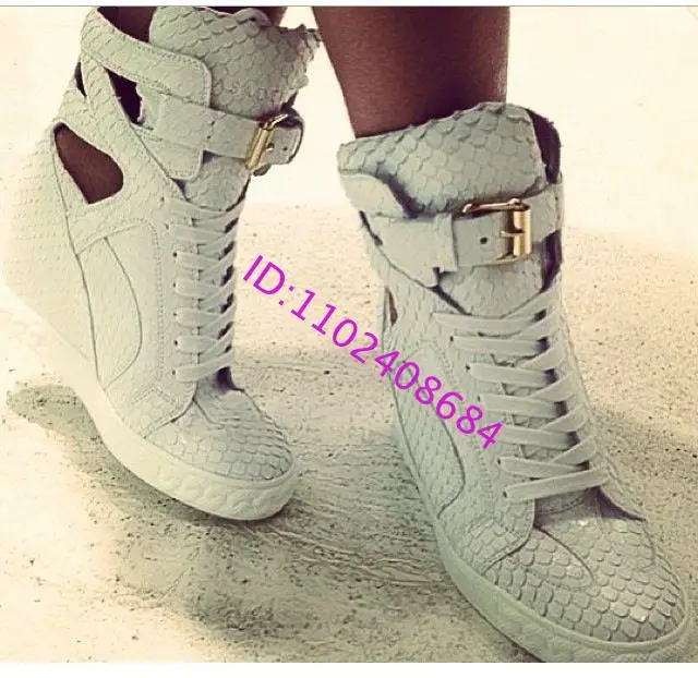 Designer Women's High Top Lace-Up Wedge Heel Belt Buckle Sneakers Hip Pop Lace-Up Inner Wedge Heel Belt Buckle High Top Trainers