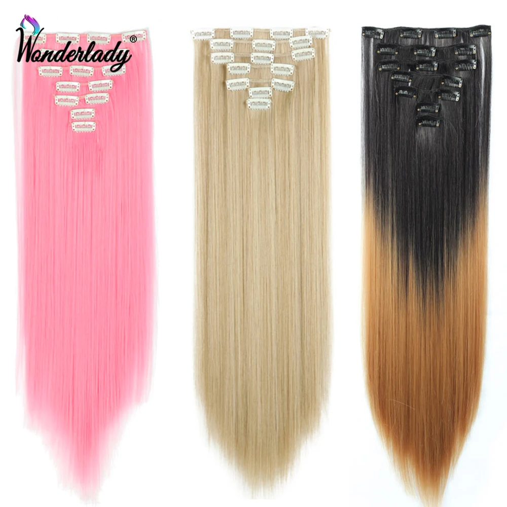 WonderLady Synthetic Clip On Hair Extension 7Pcs/Set 22" 130G Pink Fake Hairpiece 16 Clip In Long Straight Ombre Hair For Women