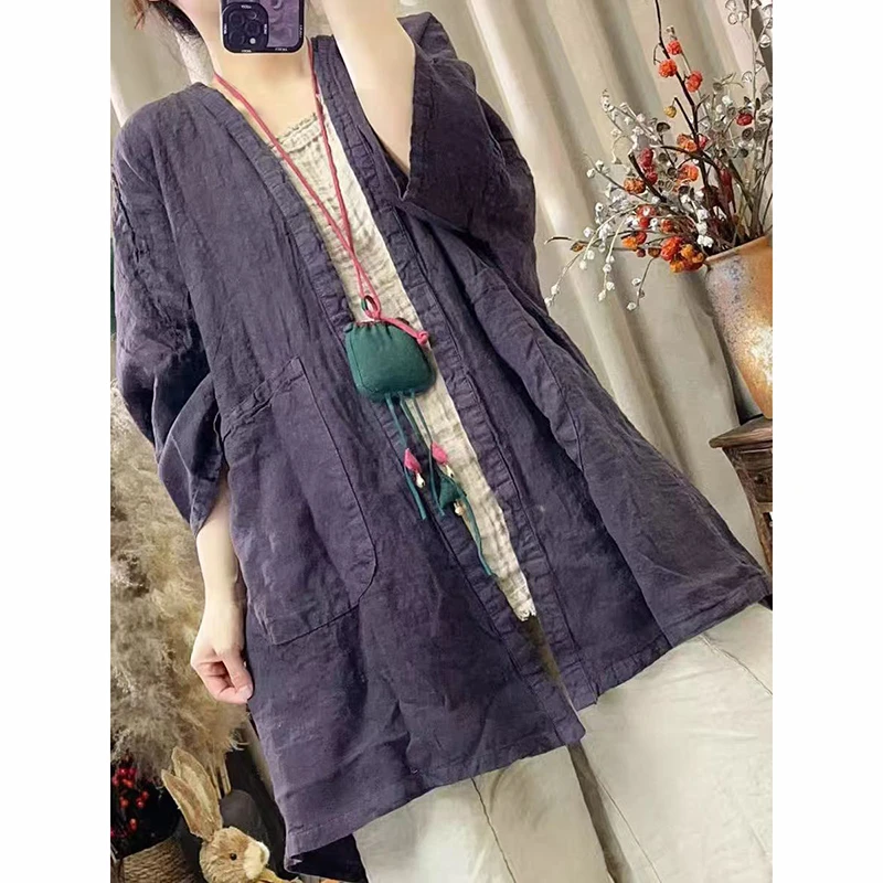 

Spring New Arts Style Women Batwing Sleeve V-neck Loose Blouse All-matched Casual Cotton Linen Vintage Long Shirts High Quality