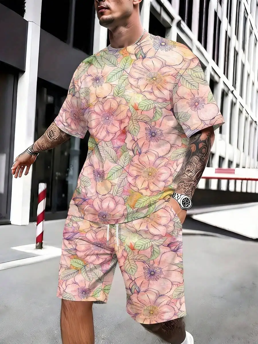 

Mens Floral Print Short Sleeve Shirt And Shorts Set Polyester Breathable Comfortable