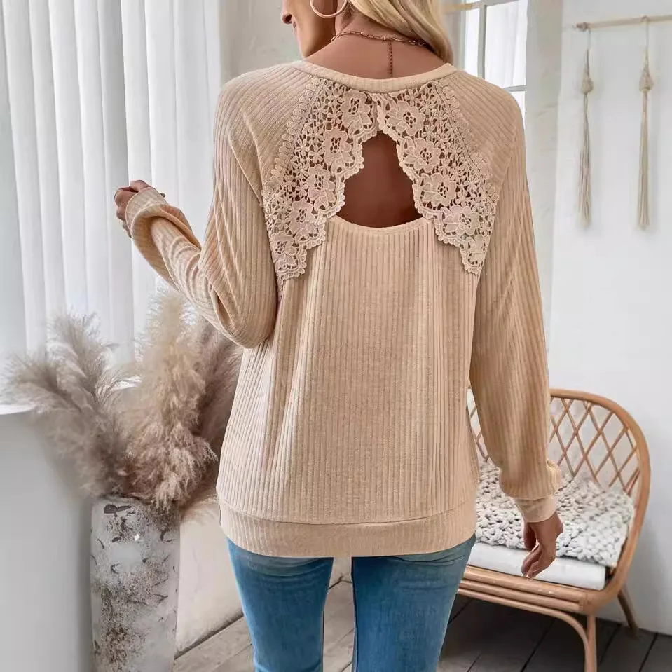 Women's Elegant V Neck Ribbed Long Sleeve Loose Fit Versatile Casual Back Cutout Top Lazy Commute Style Daily Streetwear T Shirt
