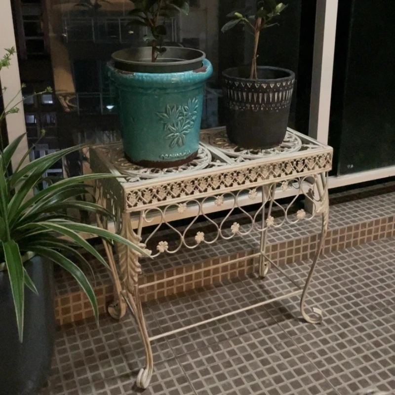 Outdoor Iron Flower Stand for Balcony Vintage Cast Iron Plant Table for Succulents Rustic Patio Display Rack Durable Plant Shelf