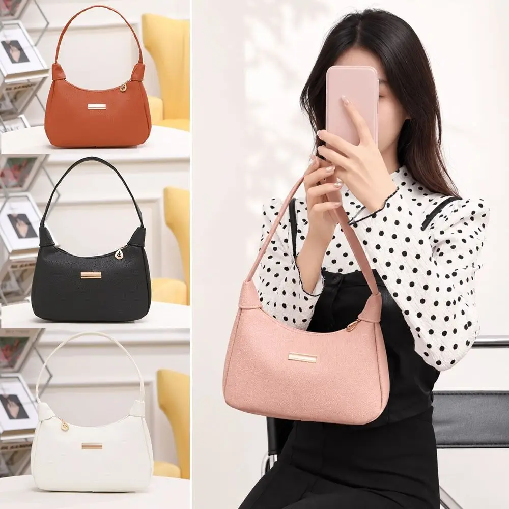 Classic Solid Color Shoulder Bag Lychee Pattern PU Messenger Bag Zipper Armpit Bag Handbag Women Daily Use