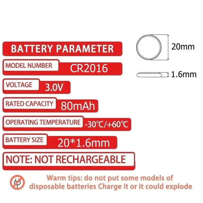 3V CR2016 Button Batteries DL2016 BR2016 DL2016 LM2016 CR 2016 Cell Coin Lithium Battery for Watch Electronic Toy Calculators