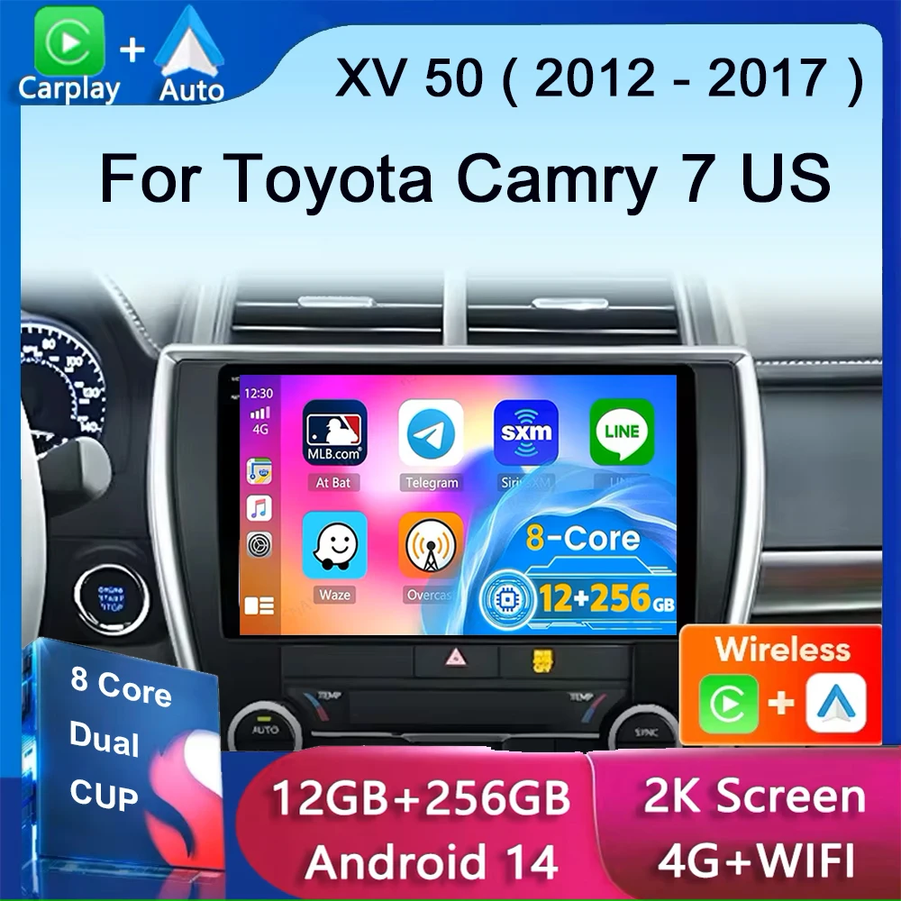 12G+256G Car Radio Android 14 Auto For Toyota Camry 7 XV 50 55 US Version 2012-2017 Carplay Multimedia Player Stereo GPS DSP Din