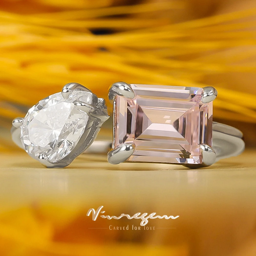 Vinregem 7*9 MM Emerald Cut Lab Created Sapphire Pink Sapphrie Citrine Gems 925 Sterling Silver Open Ring for Women Fine Jewelry