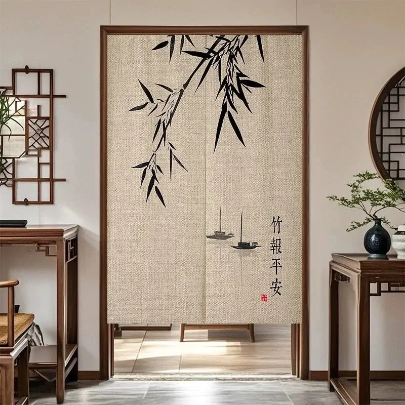 VIKAMA Chinese Style Noren Door Curtain Fan Flower Dragonfly Teapot Art Print Fabric Home Room Partition Decor