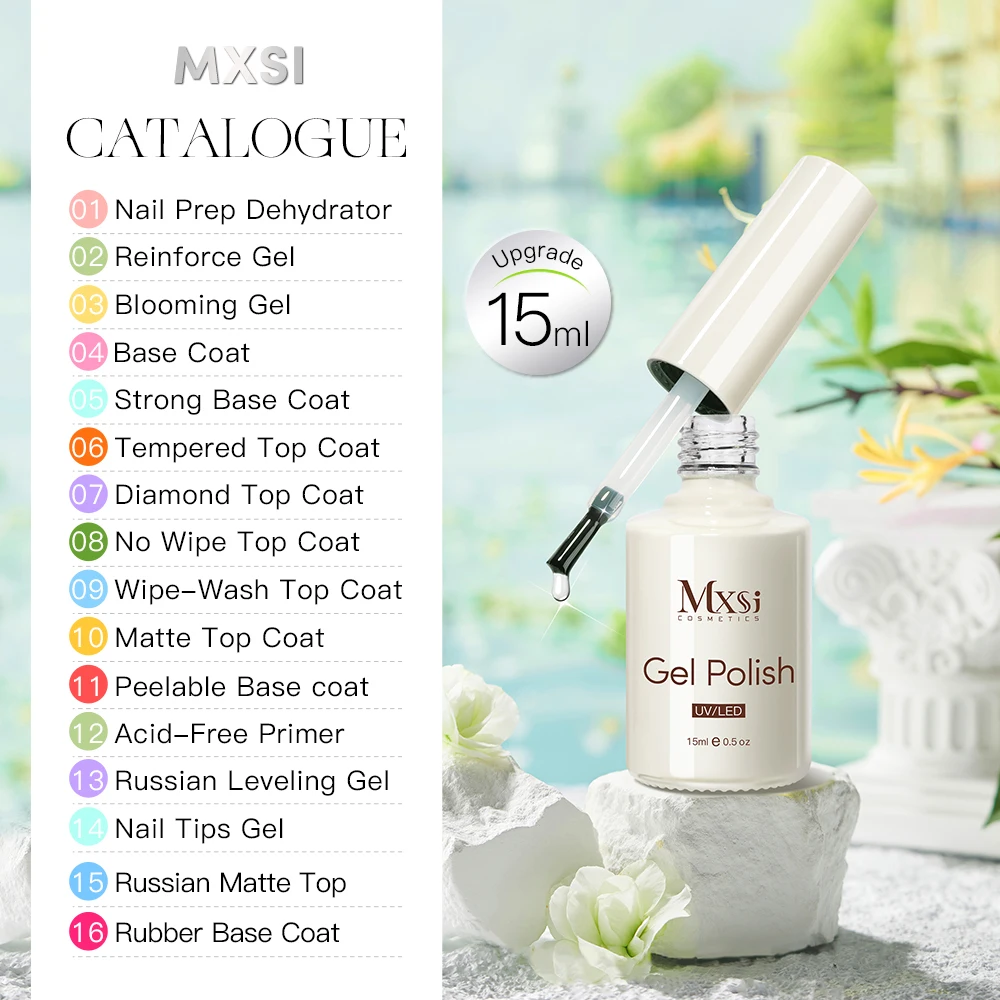 Mxsi 15ML Strong Base Coat Gel No Wipe Top Coat Gel Nail Polish For Semi Permanent UV Varnish Self Leveling Gel French Manicure