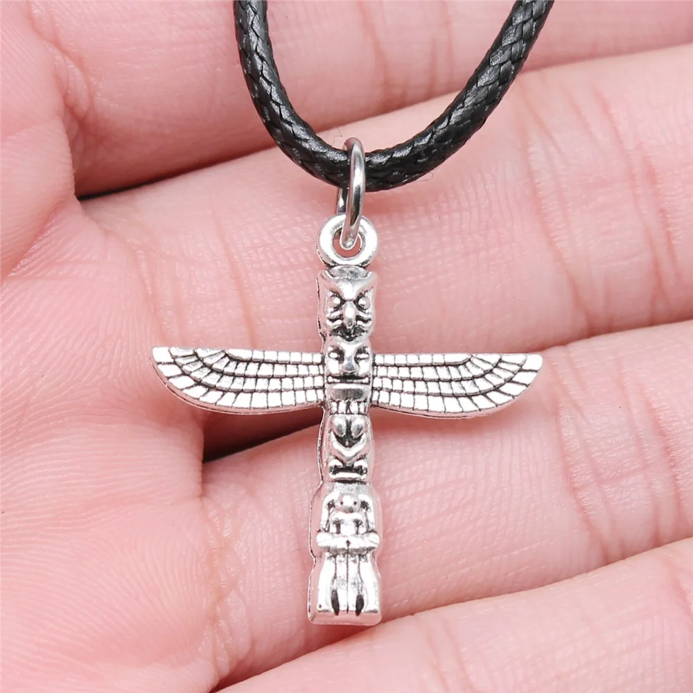 Dropshipping Antique Silver Color 27x25mm Mayan Totem Stone Column Pendant Faux Black Leather Rope Chain Necklace