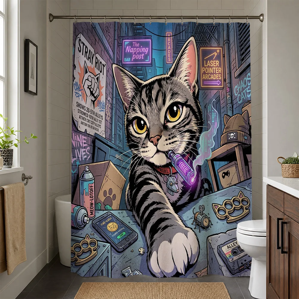 Stray Cat Arcade Neon Sign Bathroom Shower Curtain Pop Culture Retro Gaming Aesthetic Shower Curtain