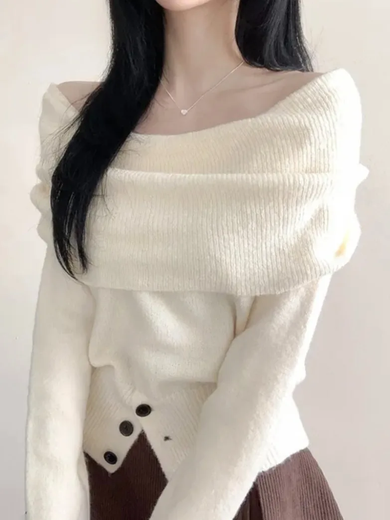 

Chic Early Spring oulder Bared One-oulder Knitwear Soft Comfortable Overhead Long Sve Women's Faion Commute Sle