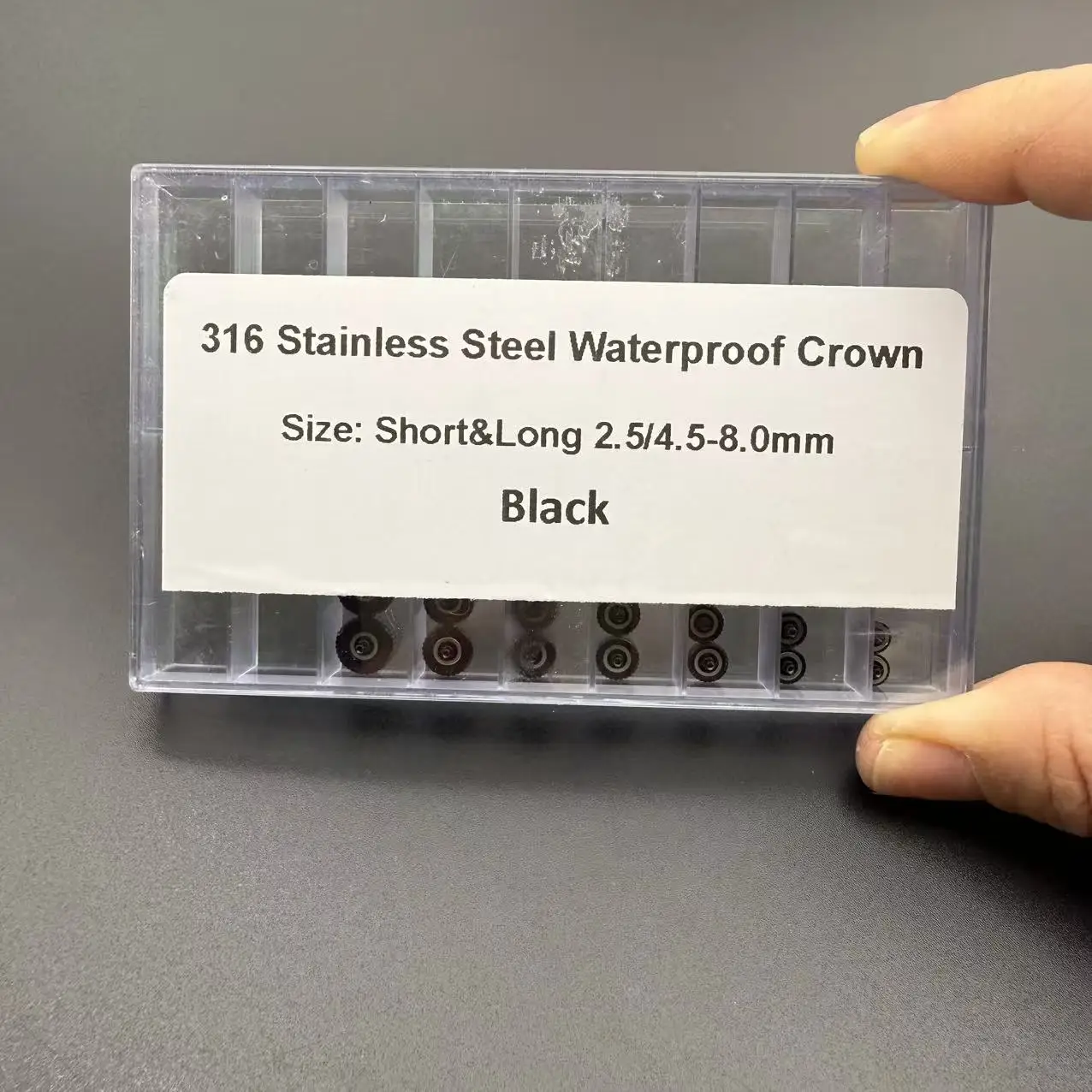 28 Stück/Box Uhrenkrone aus Edelstahl, Öffnung 2,5 mm, 4,5/5,5/6,0/6,5/7,0/8,0 mm, Uhrenkopf-Reparaturteile, Ersatzzubehör – Detail 7