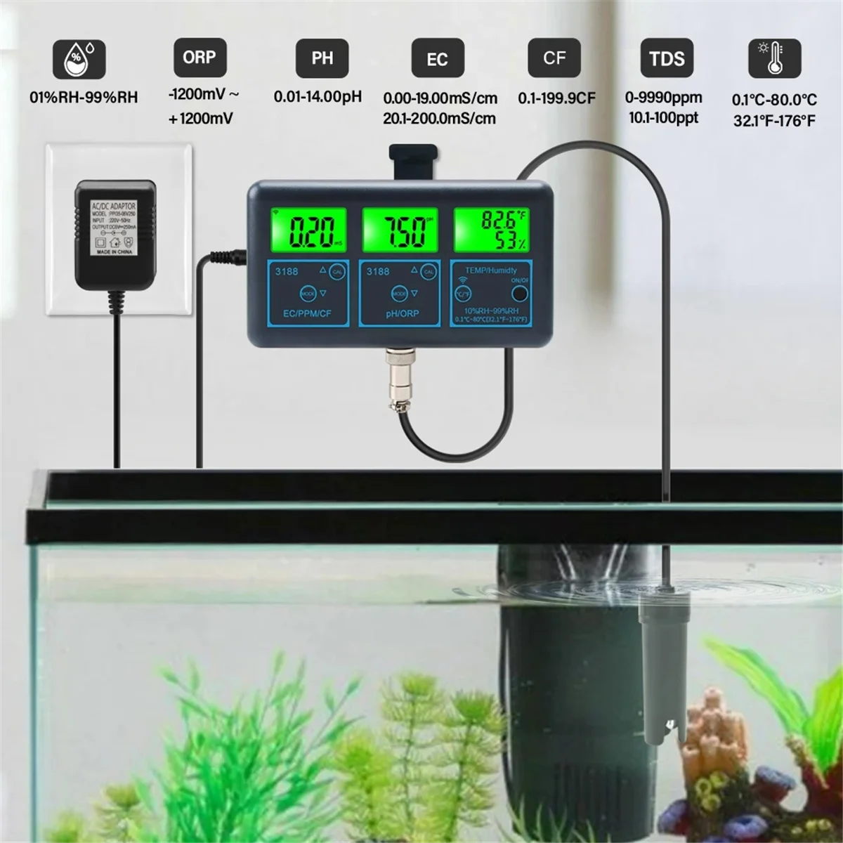 A79G WiFi Tuya Smart Monitor Fish Tank Aquarium SPA Pool Online Water Quality Meter PH ORP EC PPM Humidity Tester US Plug