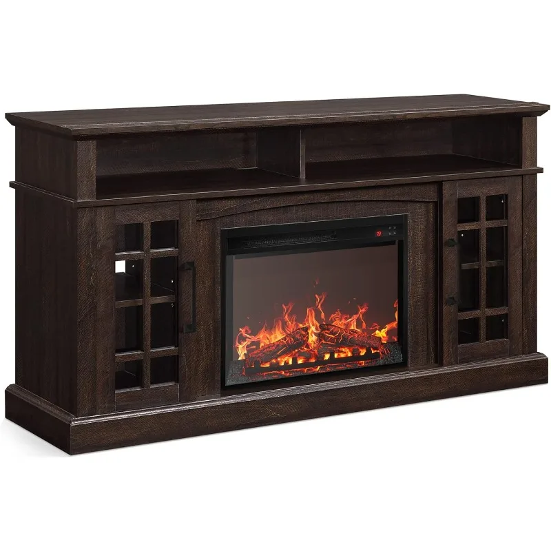 

Traditional 58" Rustic TV Stand with 23" Electric Fireplace Heater, Media Entertainment Center Console Table for TV up